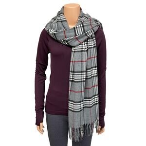 Cashmink Gray Plaid Scarf 20 x 73 Winter Fringe Acrylic Made in Germany V. Fraas